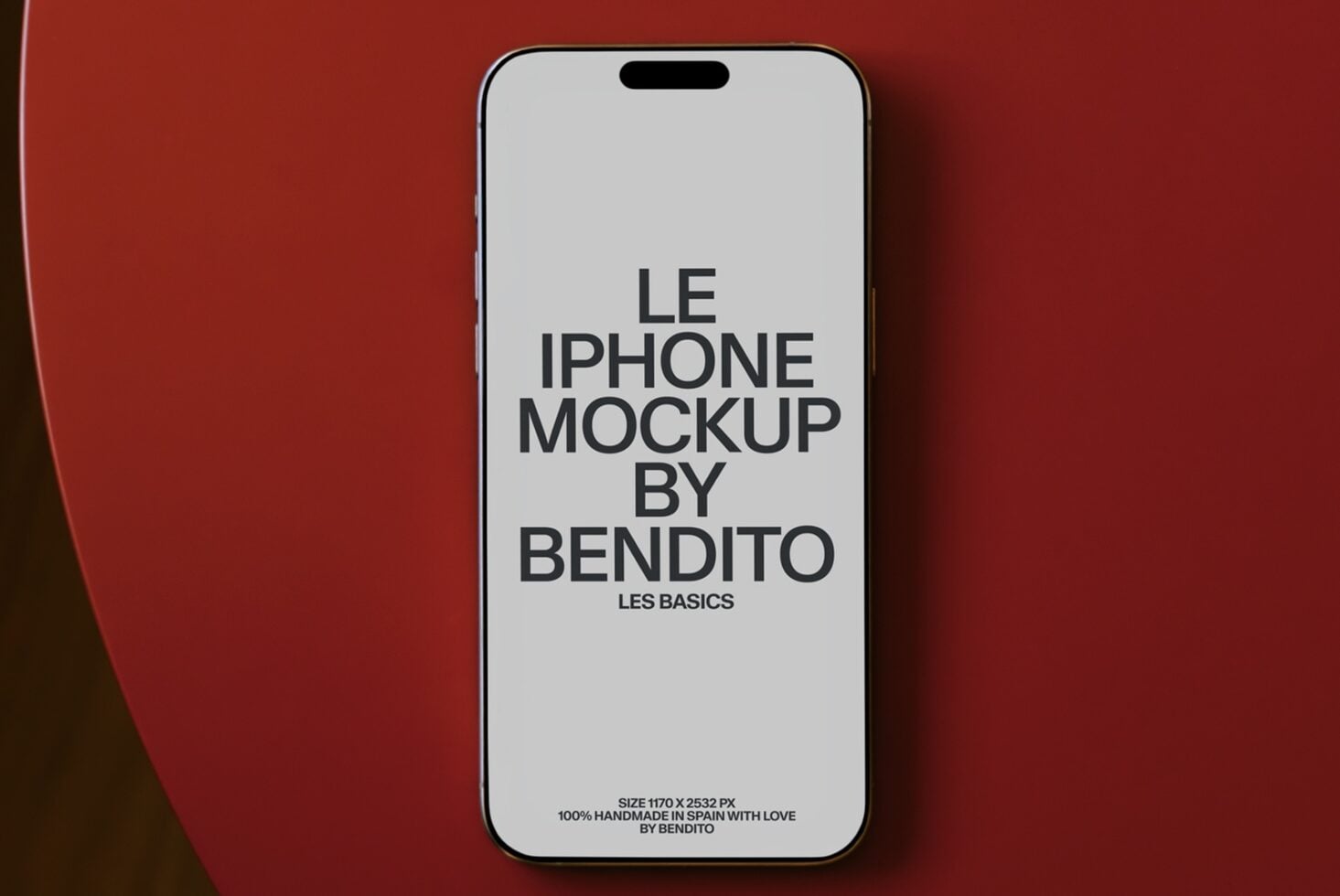 iPhone mockup on deep red background showing centered text layout with Les Basics branding