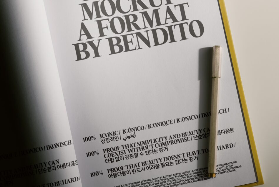 Minimalist book cover mockup with serif typography, wooden pen, multilingual text on cream paper with yellow spine edge