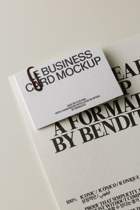Minimalist business card mockup with letterpress texture, cream background, showing handmade Spanish design details