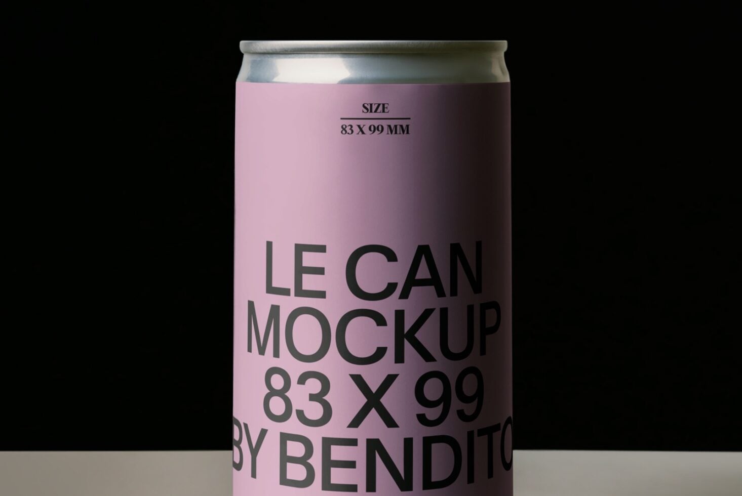 Slim aluminum can mockup with pink label on black background showing size specs