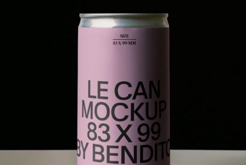 Slim aluminum can mockup with pink label on black background showing size specs