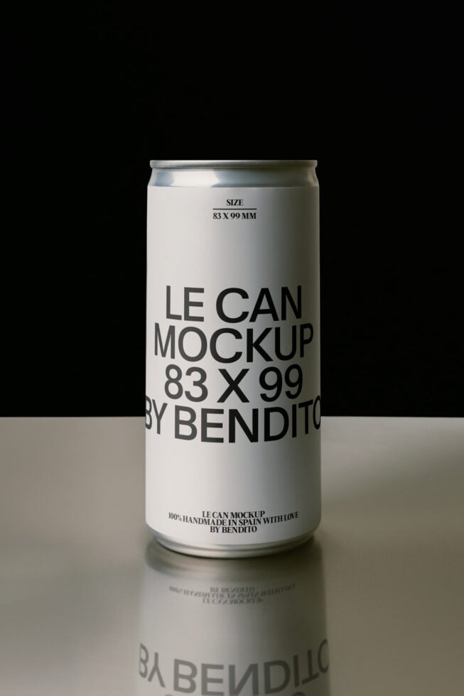 Slim aluminum can mockup 83x99mm with white label showing black typography on gray surface