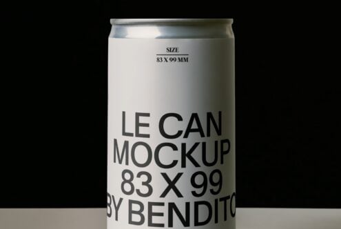 Metallic aluminum can mockup with white label showing size specs, sits on gray surface against black background