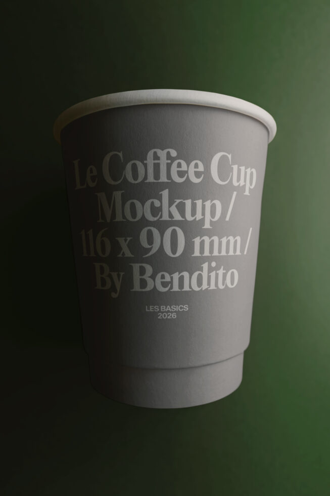 Paper coffee cup mockup 110x90mm on muted green background by Bendito
