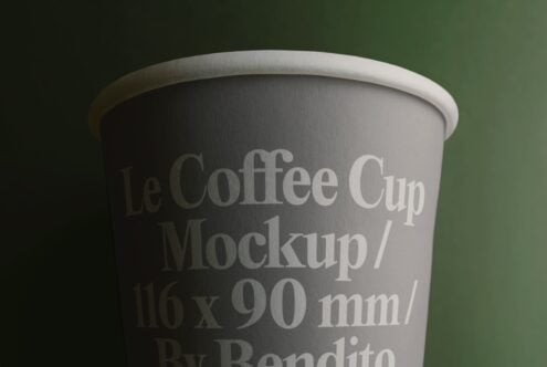 Paper coffee cup mockup with engraved text on green background, 116 x 90mm