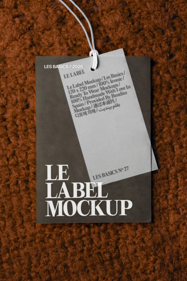 Hang tag label mockup on rust textured background with white cord