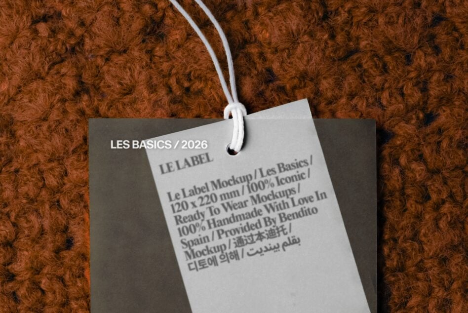 Hang tag mockup on textured brown fabric with white cord, showing multilingual care label text