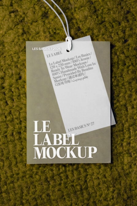 Hang tag label mockup with white cord on textured olive fabric background