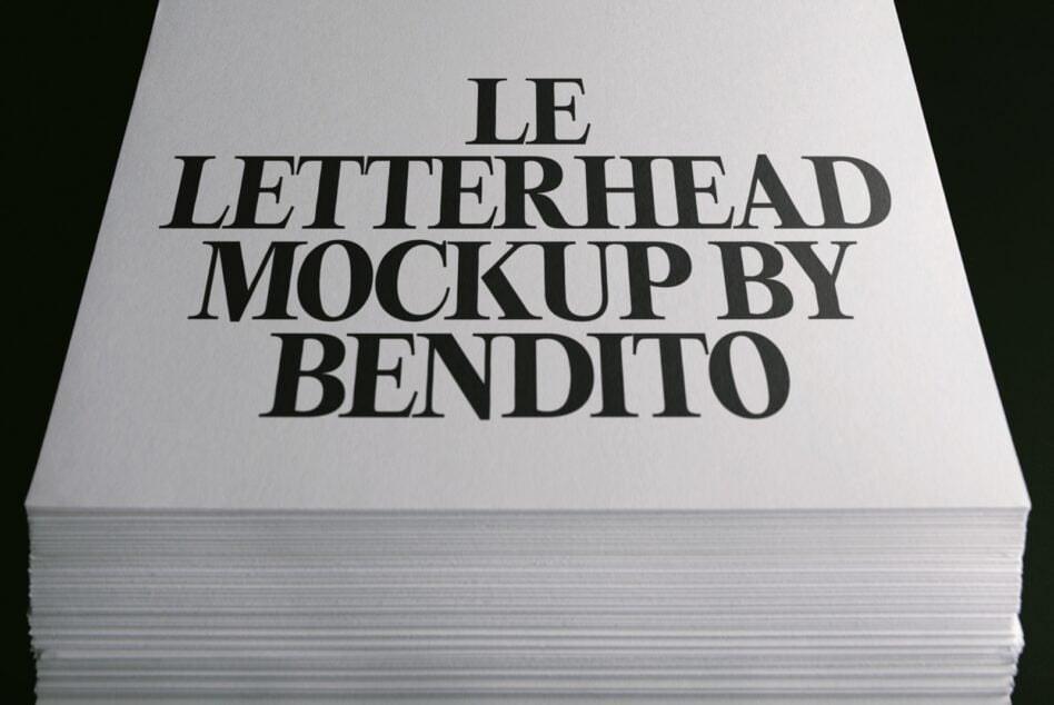 Stack of white letterhead sheets with serif typography showing "LE LETTERHEAD MOCKUP BY BENDITO"