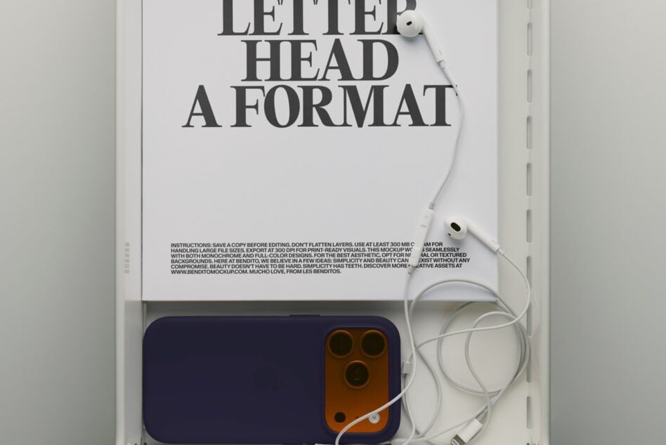 Flat lay letterhead mockup with navy phone, white earbuds, minimal desk setup