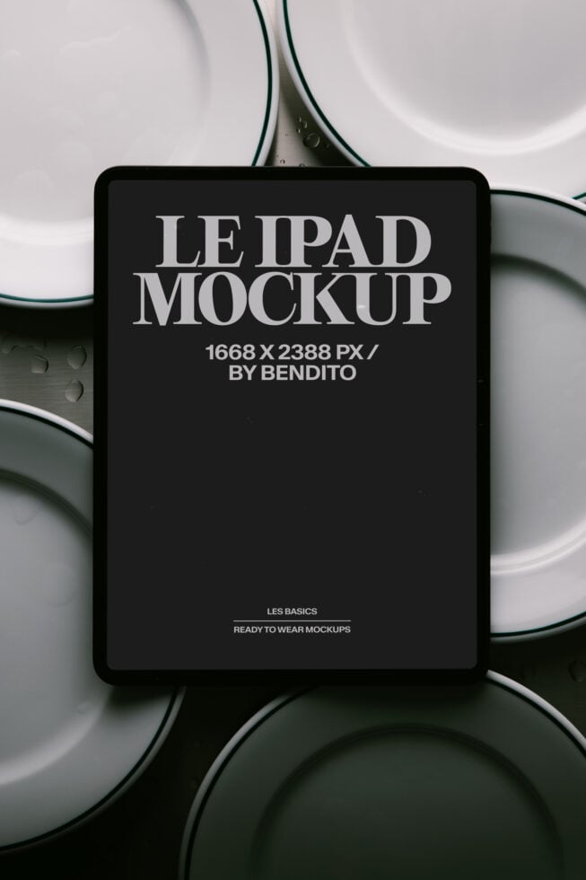 iPad mockup on minimal ceramic backdrop with clean typography layout