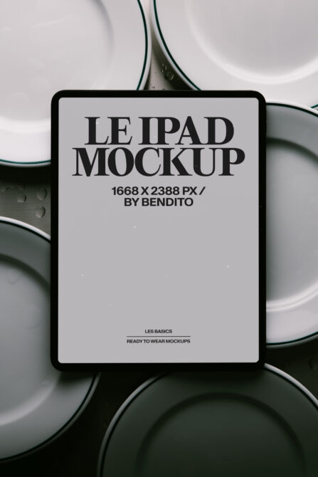 iPad mockup surrounded by white ceramic bowls on minimal tabletop setup