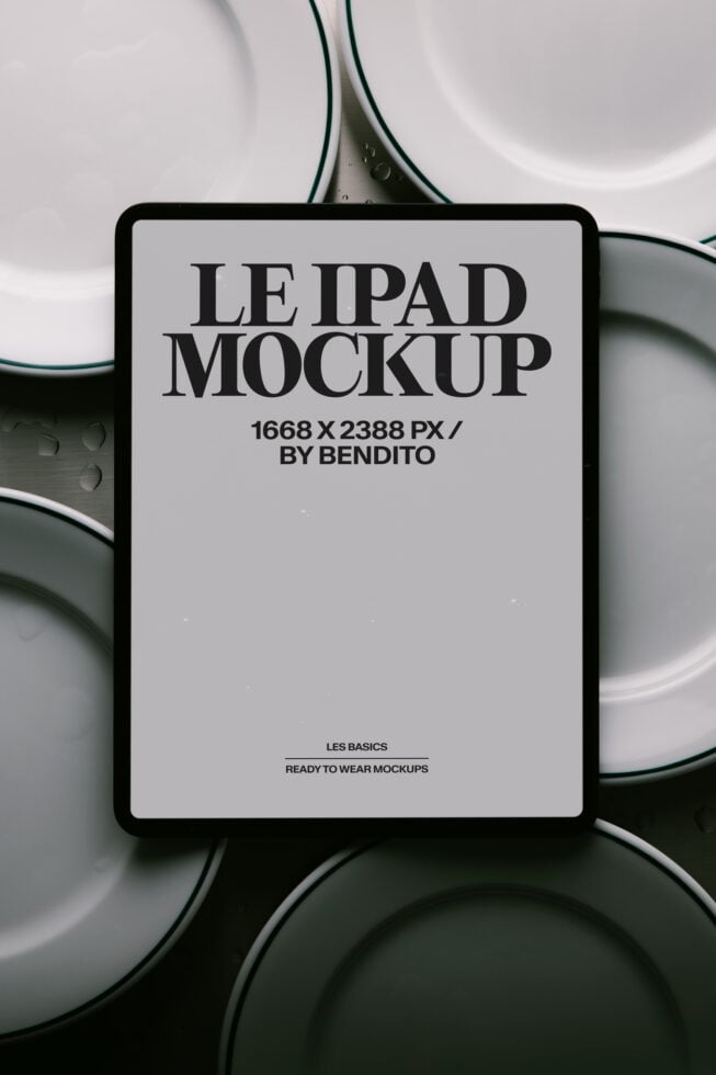 iPad mockup surrounded by white ceramic bowls on minimal tabletop setup