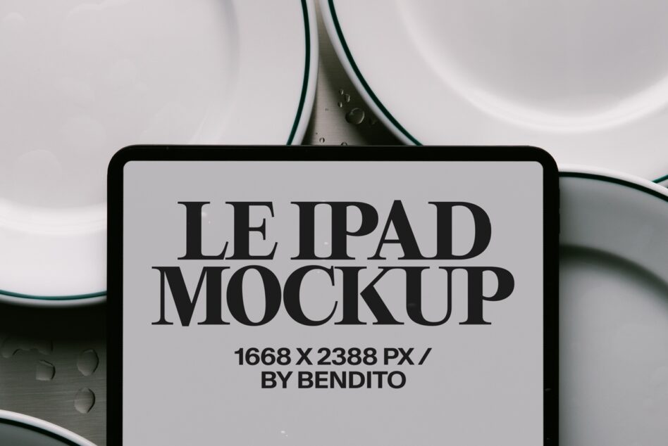 Tablet mockup with serif typography on screen, surrounded by white ceramics, minimal styling