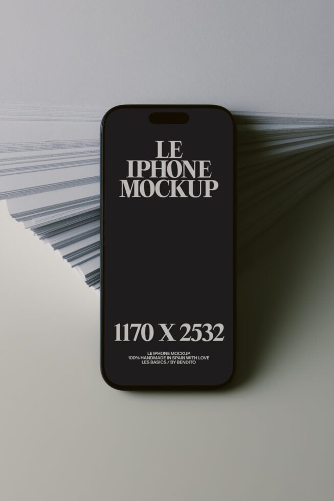 Black iPhone mockup with striped fabric backdrop, clean minimalist styling