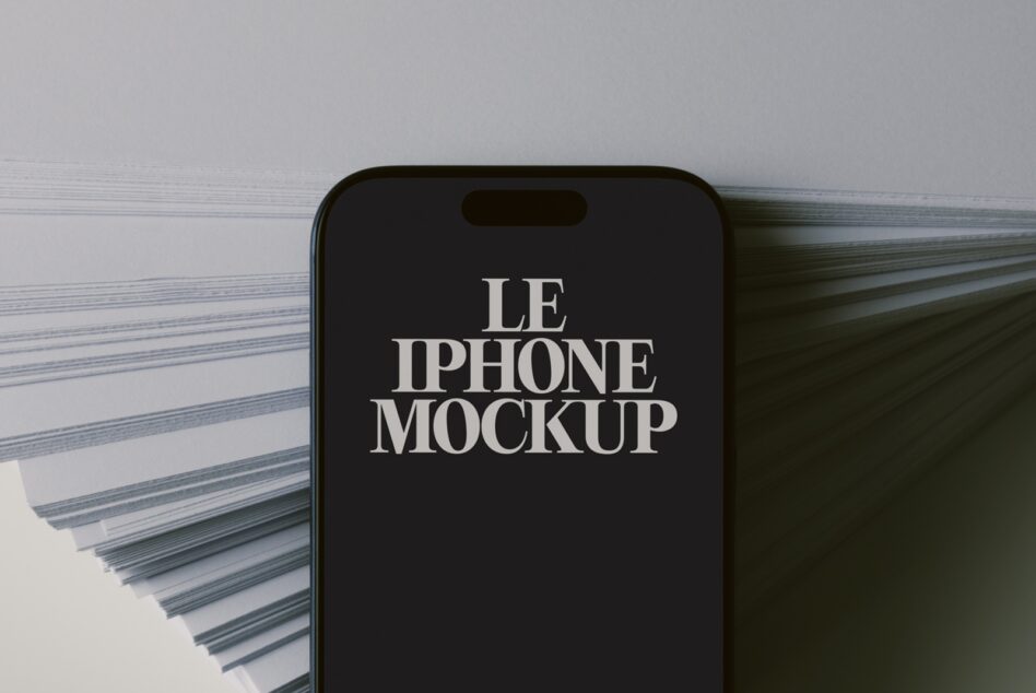 iPhone mockup with serif typography on black screen, striped fabric backdrop