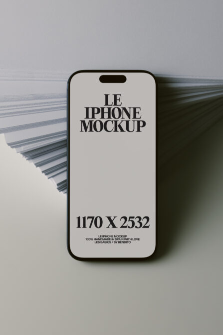 iPhone 14 Pro mockup with cream screen, dark frame, soft shadows on minimal background