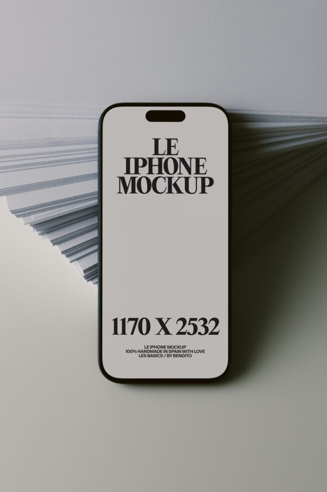 iPhone 14 Pro mockup with cream screen, dark frame, soft shadows on minimal background