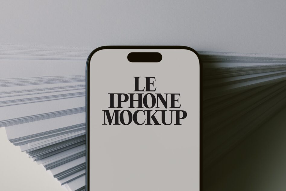 Modern iPhone mockup with serif typography on cream screen, styled with fabric swatches