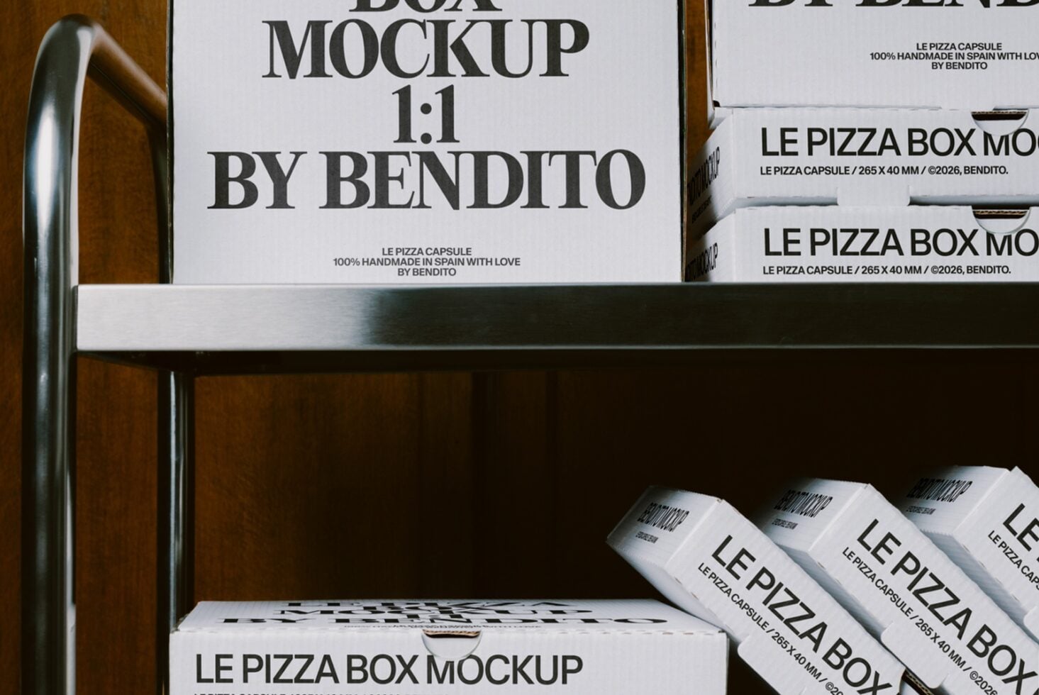 Square pizza box mockup displayed on wooden shelves with stacked packaging