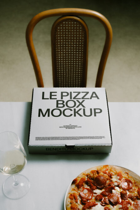 Styled pizza box mockup with wine glasses, wooden chair in soft green background