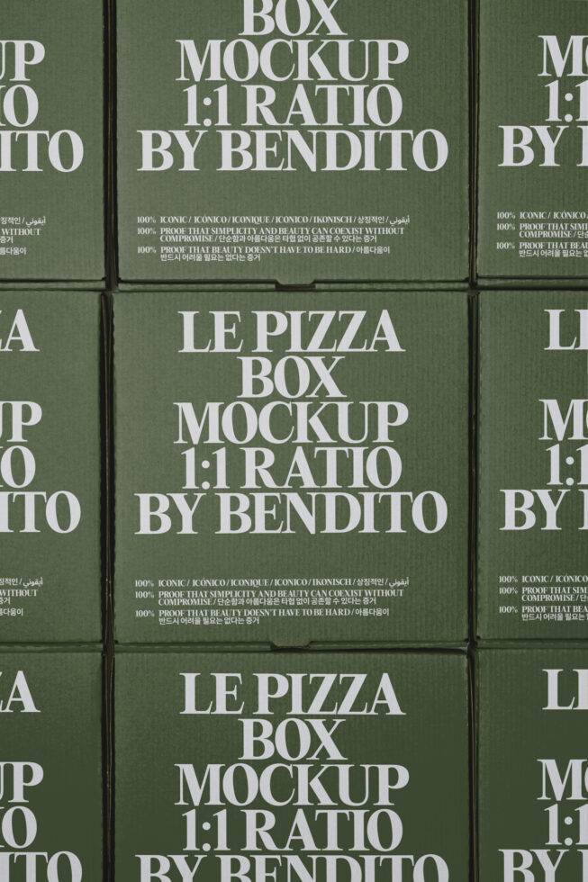 Square pizza box mockup in sage green with cream serif typography showing 1:1 ratio layout by Bendito