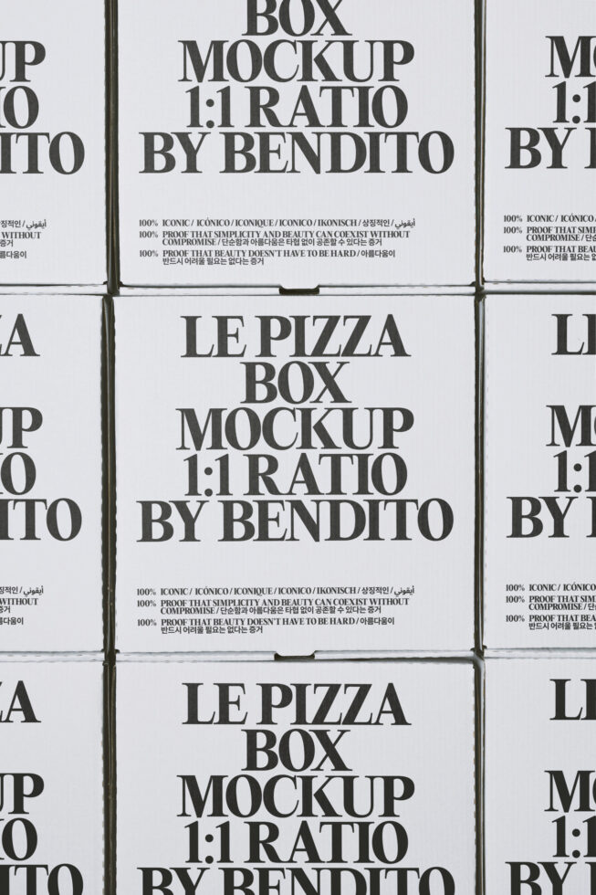 Square pizza box mockup with 1:1 ratio showing serif typography on white cardboard with multilingual text