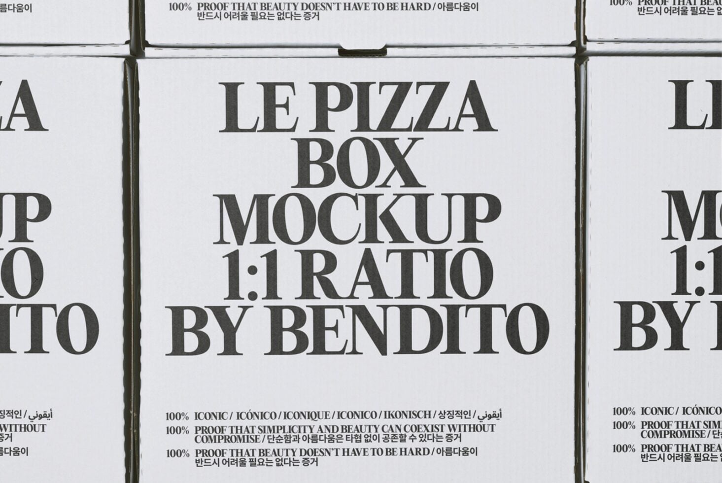 Le Pizza Box Mockup 1:1 ratio by Bendito with multilingual typography details