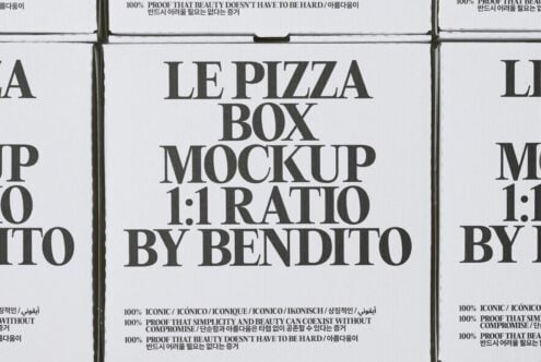 Le Pizza Box Mockup 1:1 ratio by Bendito with multilingual typography details