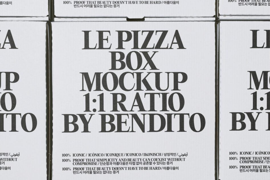 Le Pizza Box Mockup 1:1 ratio by Bendito with multilingual typography details