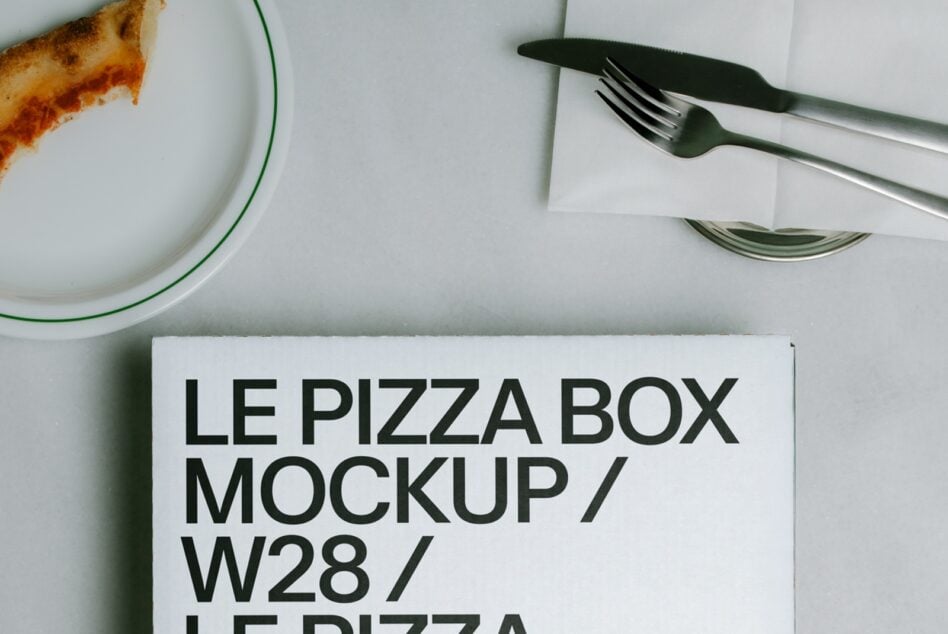 Overhead flat lay of pizza box mockup with plate, fork, knife, napkin on white surface