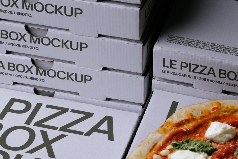 Stacked pizza boxes with bold typography next to a fresh slice with tomato sauce, mozzarella, basil