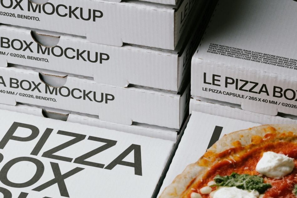 Stacked pizza boxes mockup with fresh pizza slice showing tomato sauce, mozzarella, basil