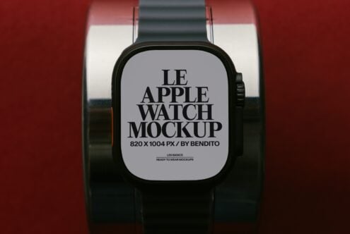 Black Apple Watch with dark band on red backdrop showing customizable watch face mockup