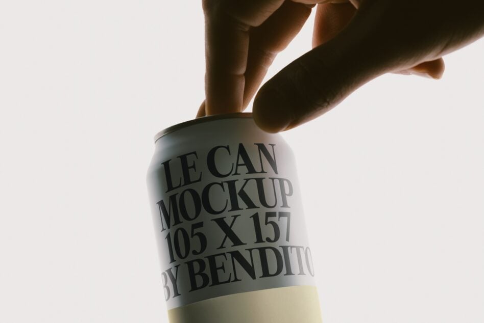 Hands holding white aluminum can mockup with black text, cream colored base label
