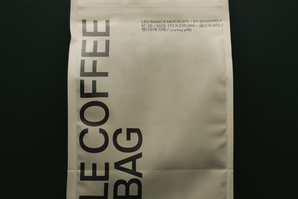 Crumpled paper bag with bold sans serif typography reading Les Basics mockup by Bendito