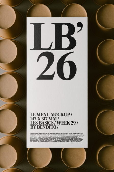 Minimal menu mockup with serif typography on white card surrounded by brass bowls