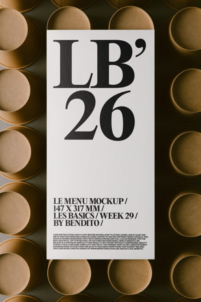 Minimal menu mockup with serif typography on white card surrounded by brass bowls