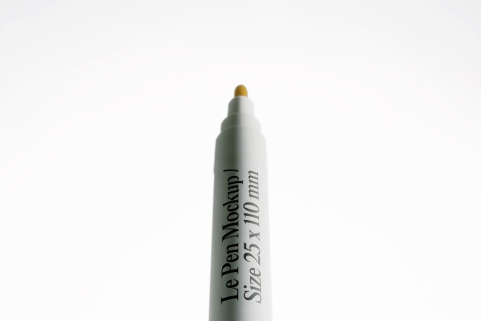Le Pen Mockup Size 25 x 110 mm with gold tip on white background