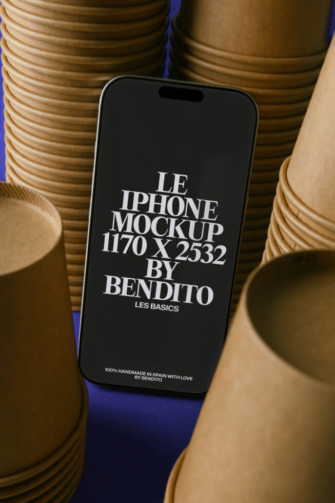 iPhone mockup surrounded by woven baskets on blue background with luxury branding