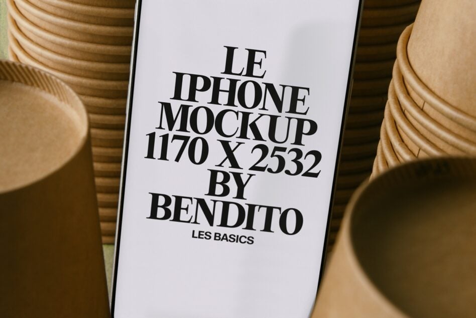 iPhone mockup on wooden table surrounded by beige ceramic bowls
