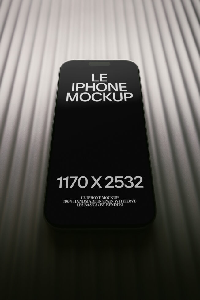 Black iPhone on ribbed white background showing screen mockup space with typography