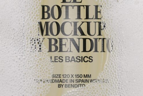 Cream bottle label mockup with bubble wrap texture overlay showing serif typography