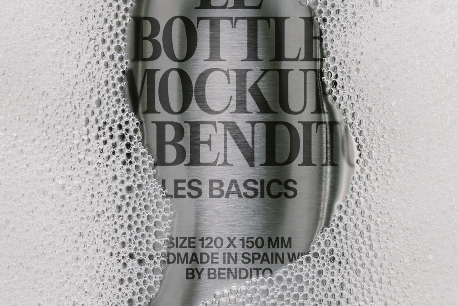 Metallic bottle mockup wrapped in bubble wrap showing product label with condensation effect