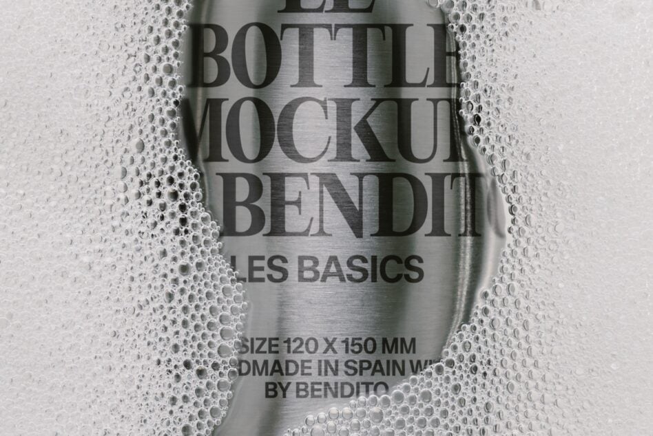 Metallic bottle mockup wrapped in bubble wrap showing product label with condensation effect