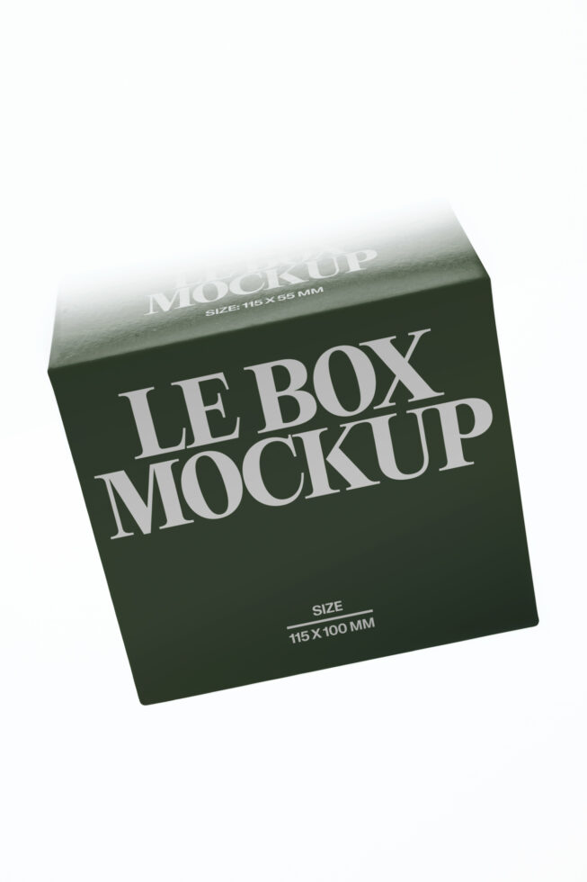 Green box mockup tilted at angle showing front label with white serif typography on dark surface