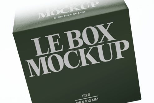 Luxury box packaging mockup in sage green with elegant serif typography, 115x55mm size label visible on top edge