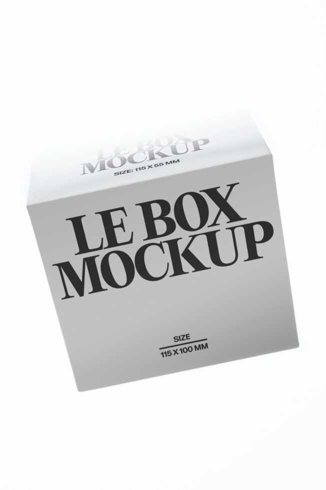 White box mockup angled at 45 degrees showing customizable packaging design surface