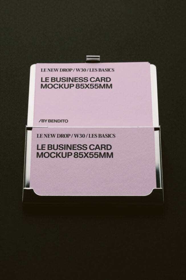Business card mockup in lavender with metal holder showing front back views by Bendito