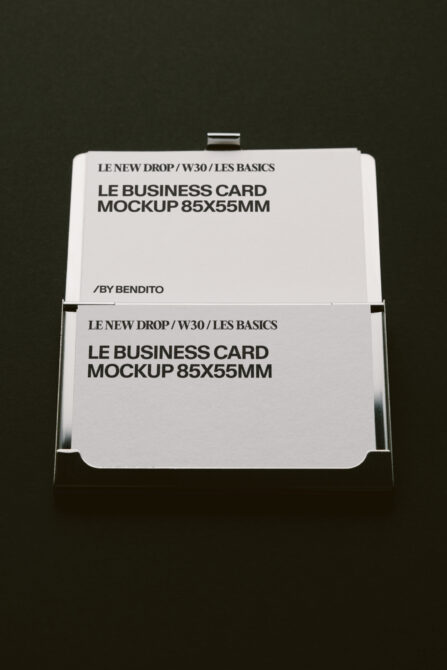Business card mockup 85x55mm in clear acrylic holder with two card samples